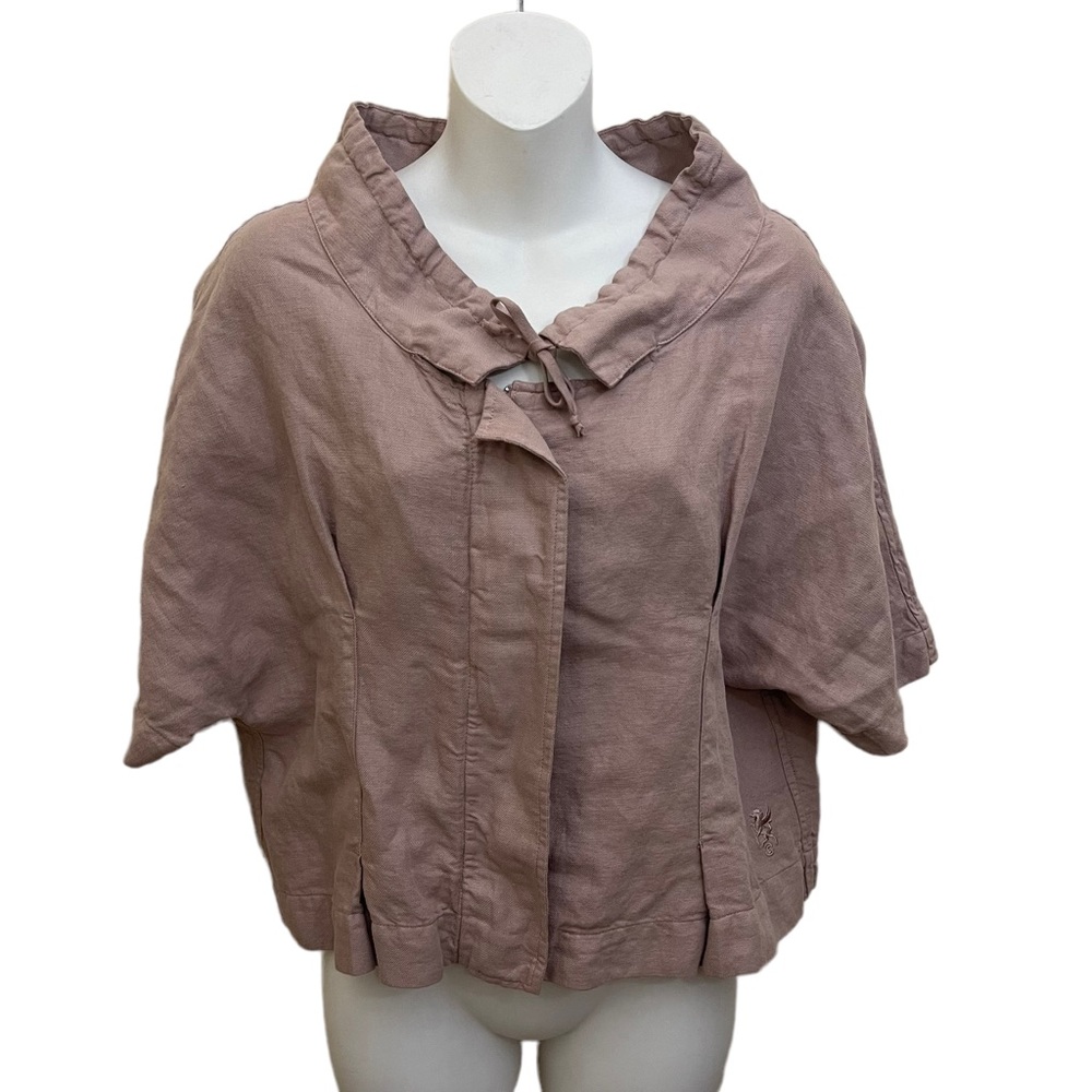 European Culture Top Short Sleeve Linen Cotton Zipper Small